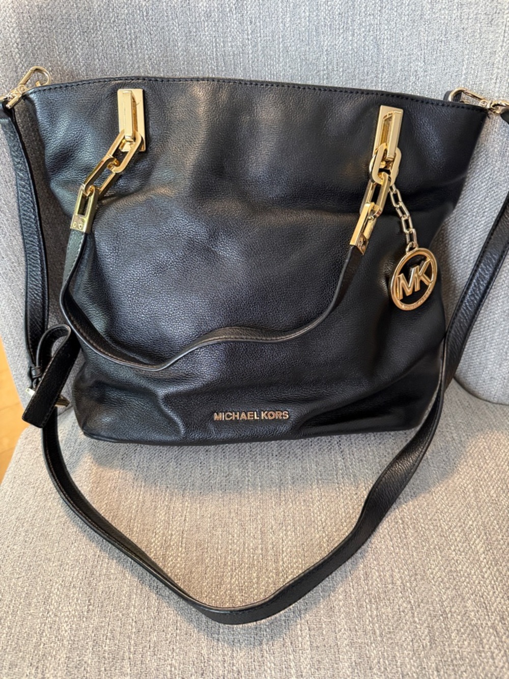 Michael Kors Black Leather Shoulder Tote with Gold Accents